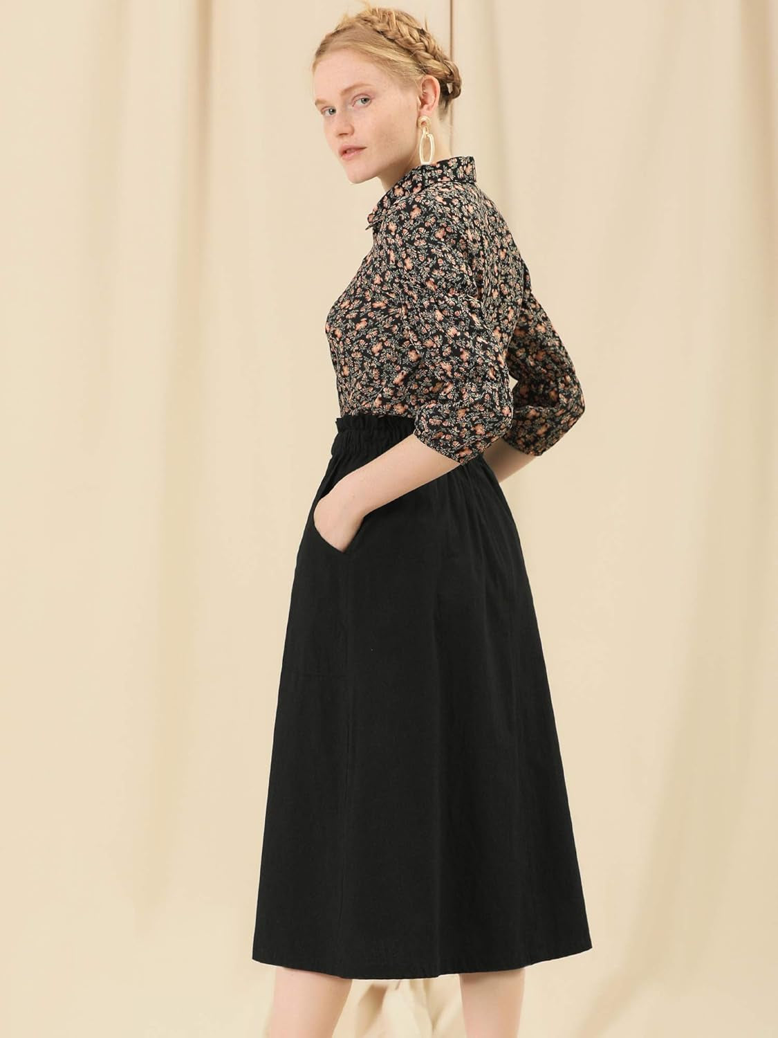 Women'S Cotton A-Line Skirt Elastic Waist Casual Peasant Midi Skirts with Pockets