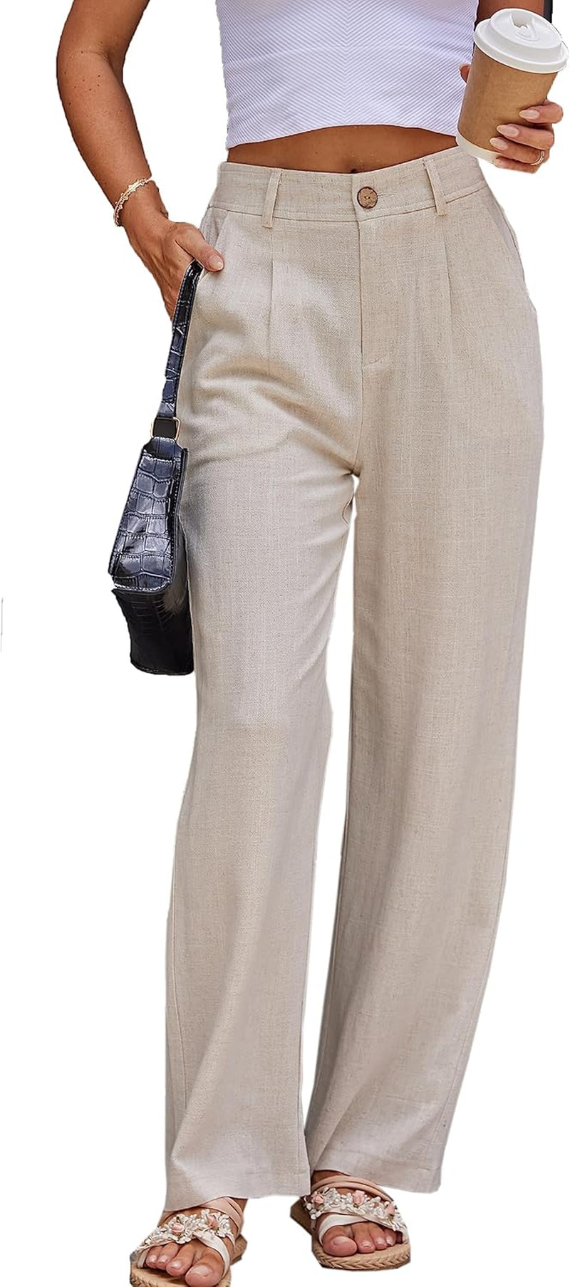 Women'S Linen Casual High Waist Wide Leg Straight Dress Cotton Linen Pants Button Trousers