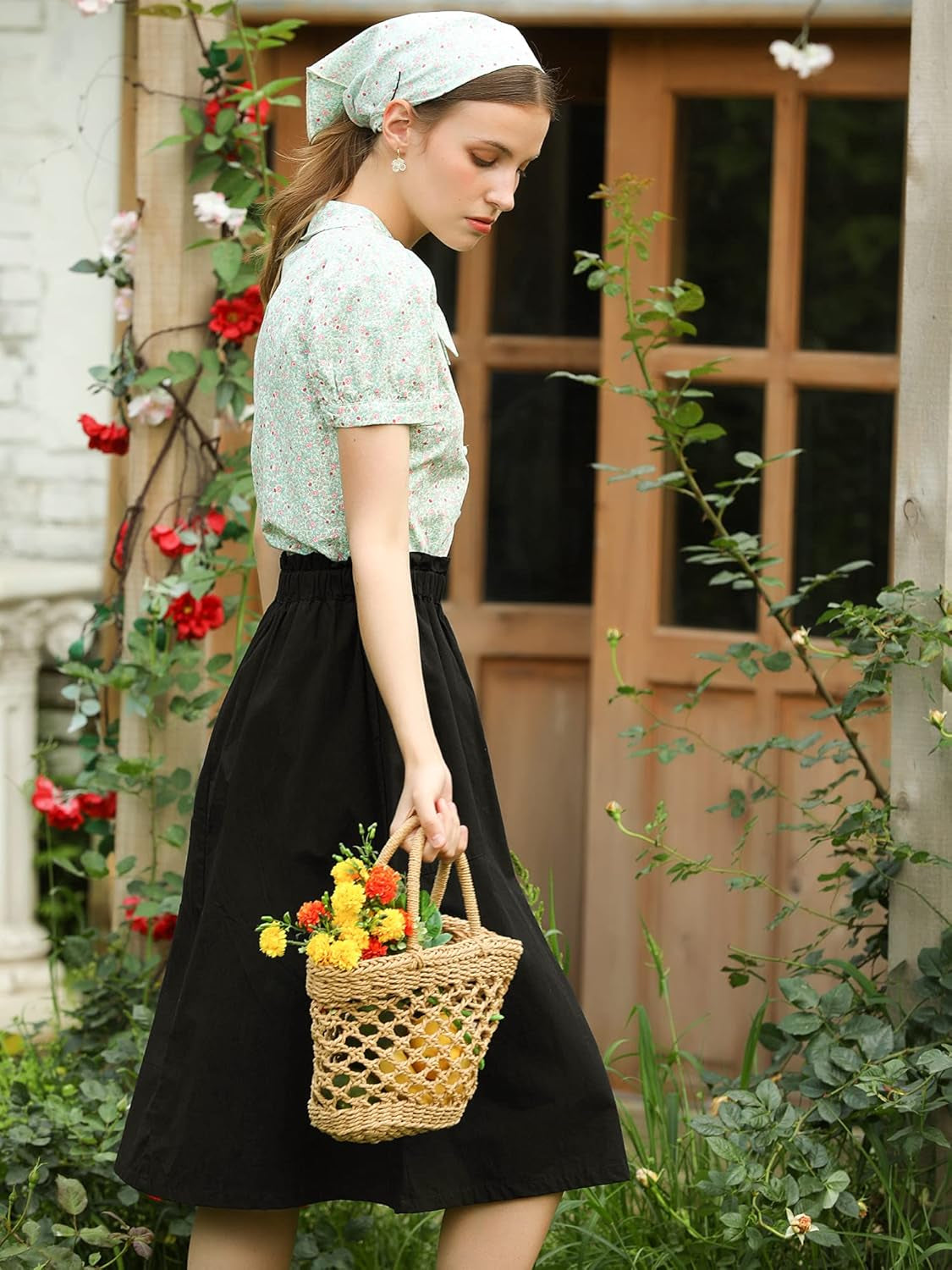 Women'S Cotton A-Line Skirt Elastic Waist Casual Peasant Midi Skirts with Pockets