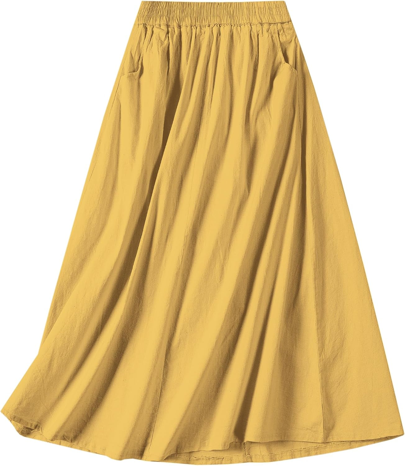 Women'S Cotton Linen Midi Skirt with Pockets Casual Flowy Swing Elastic High Waist A-Line Long Boho Skirts