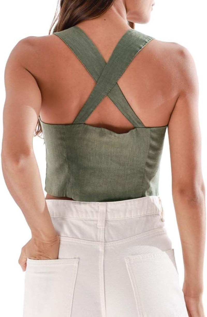 Women'S 100% Linen Button down Back Cross Crop Top Sleeveless Blouse