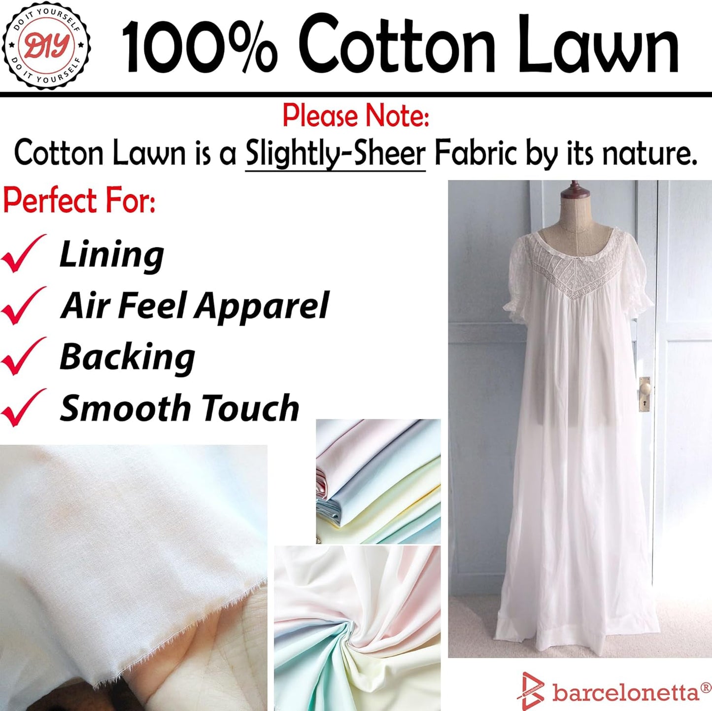 | Cotton Lawn Fabric | Lining Fabric | 100% Cotton | Thin | 58" Wide | Sewing, Air Feel Layer | Cloth, Solid (White, 2 Yard)