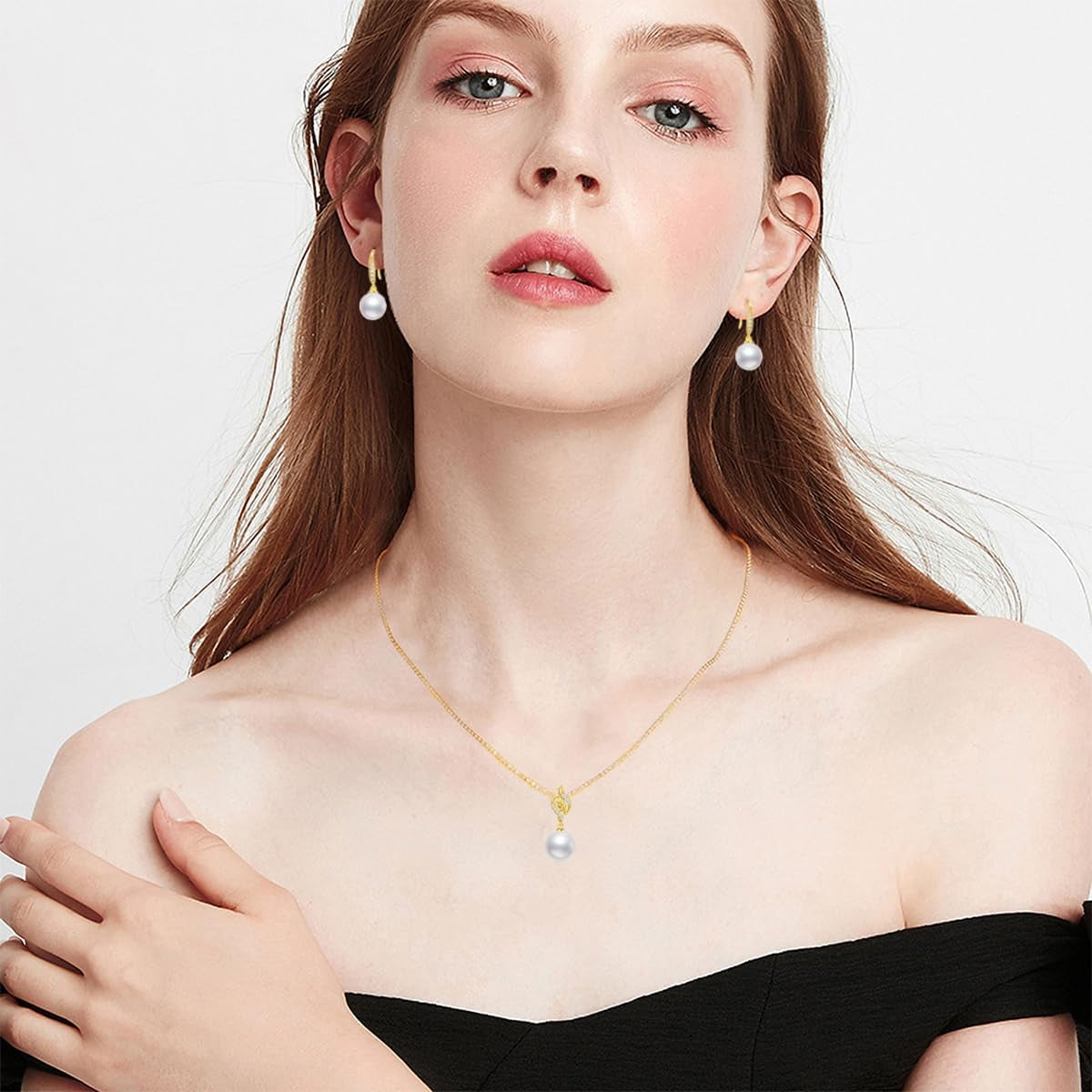 10K Gold Diamond Pearl Necklace and Dangle Earrings for Women, Fine Jewelry Set Gifts for Her