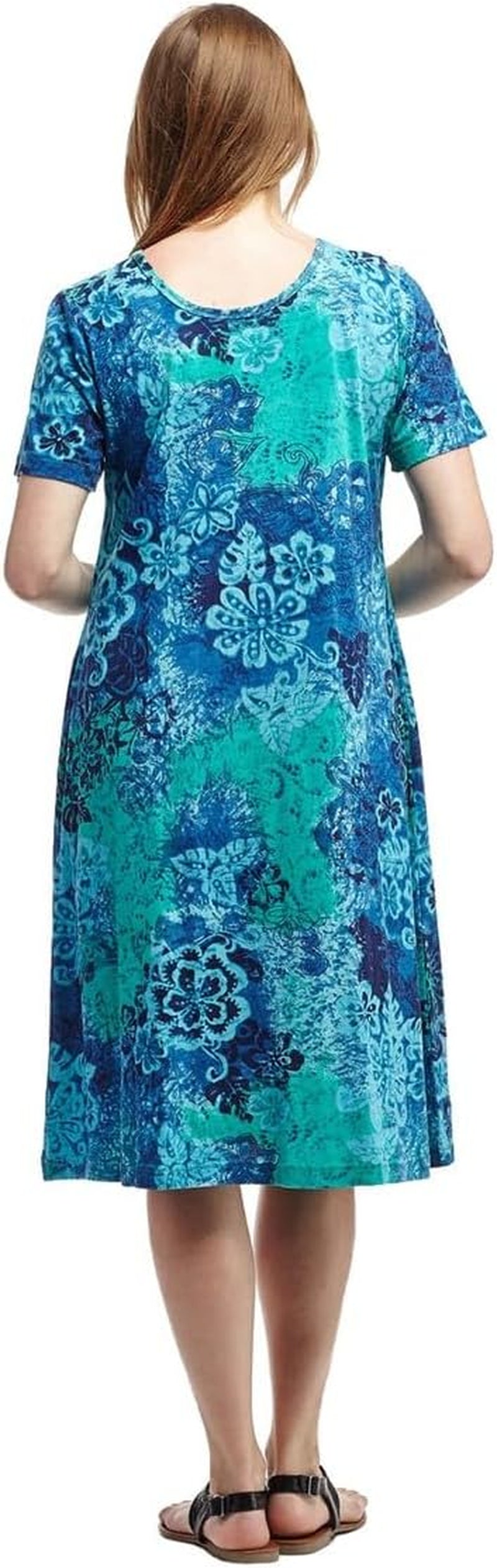 Women'S Cotton Sun Dresses A-Line with Scoop Neck, Short Sleeves, Side Pockets, Floral Patterns, Machine Wash