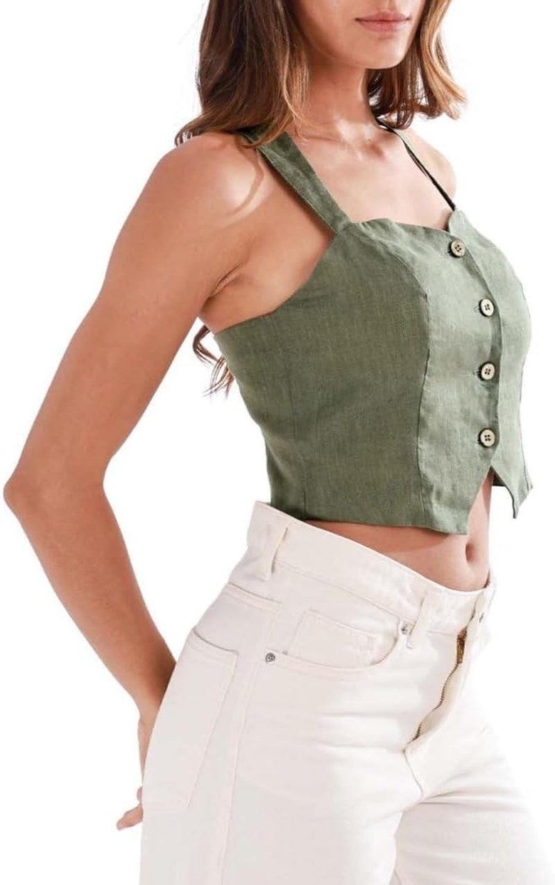 Women'S 100% Linen Button down Back Cross Crop Top Sleeveless Blouse