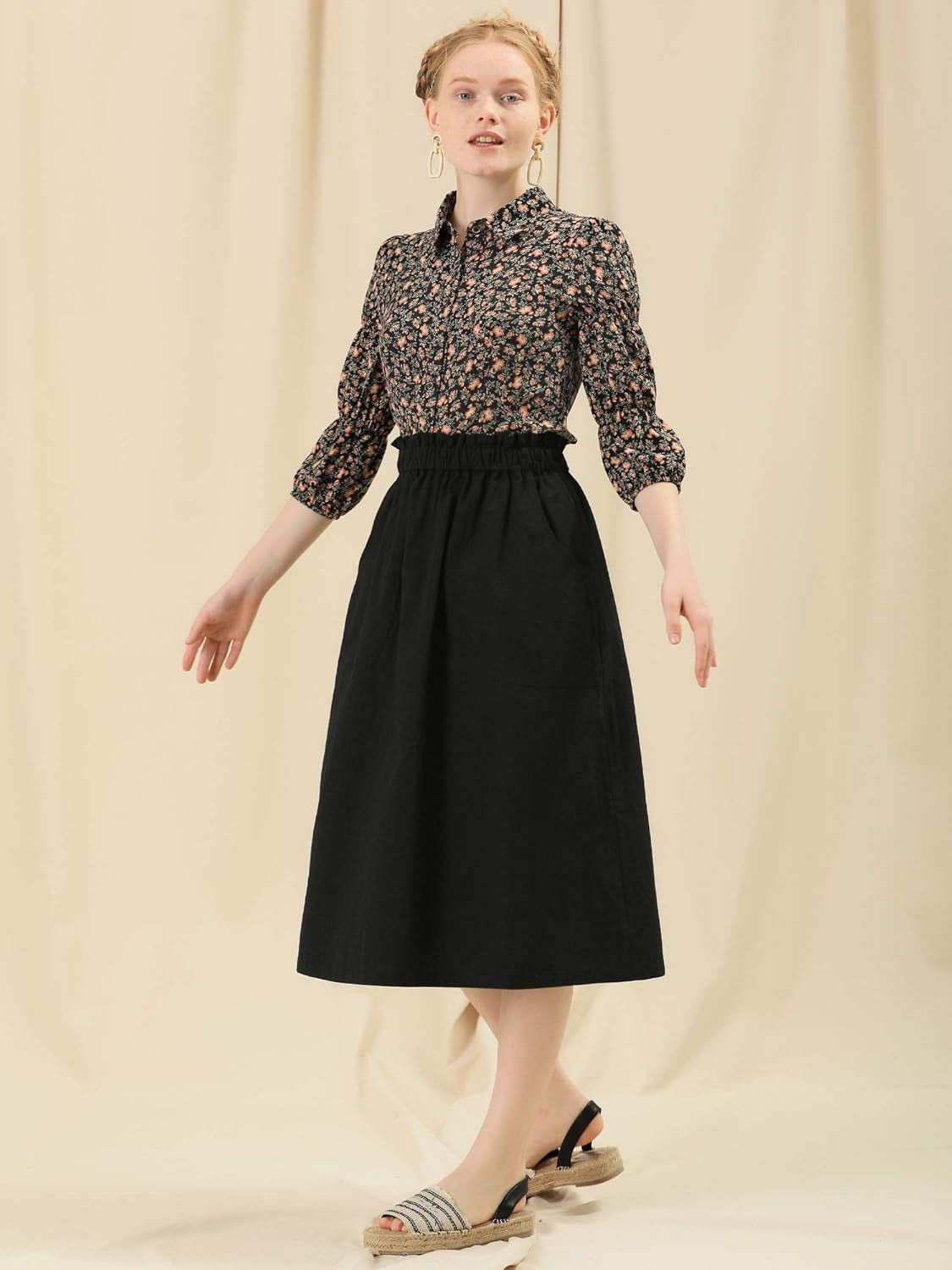 Women'S Cotton A-Line Skirt Elastic Waist Casual Peasant Midi Skirts with Pockets
