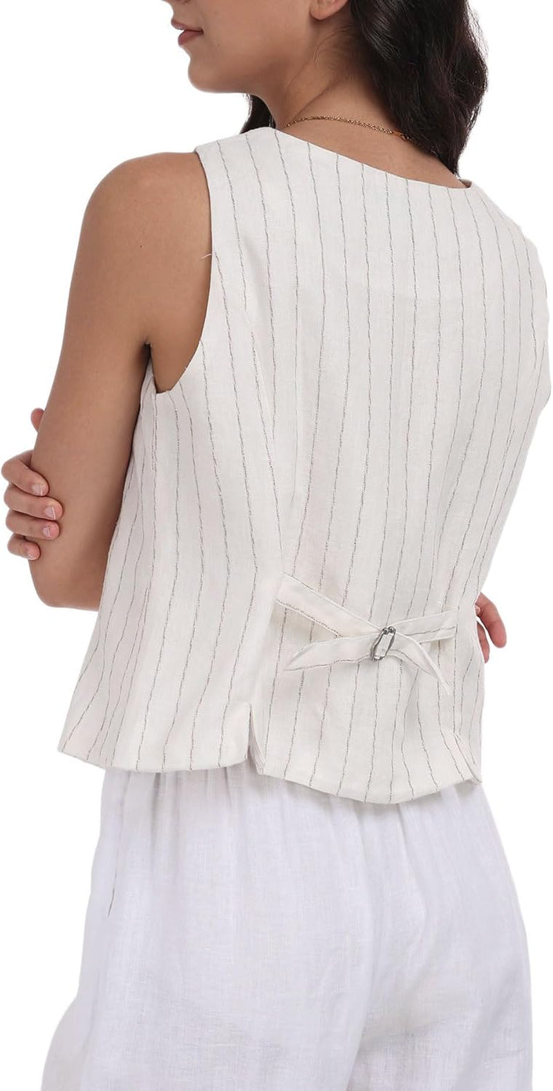 Womens Pure Linen Sleeveless Button down Crop Top V Neck Waistcoat Vest