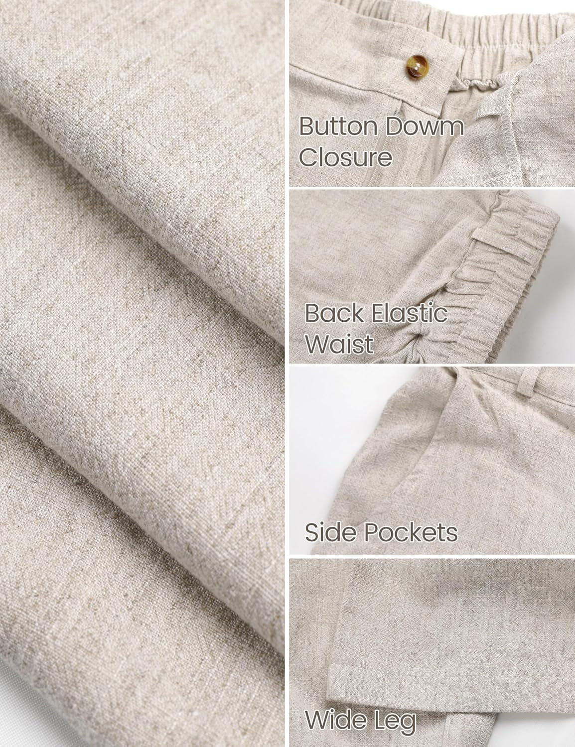 Womens Cotton Linen Pants Casual Button up High Waisted Wide Leg Trousers