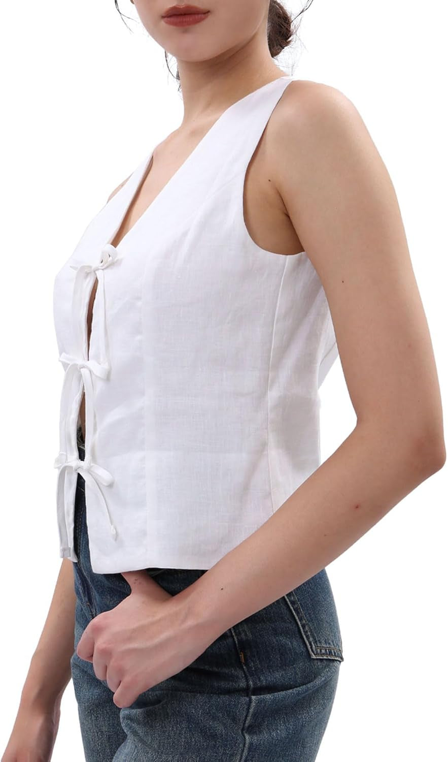 Women'S 100% Linen Tie Front Crop Tops Sleeveless Summer Casual Vest