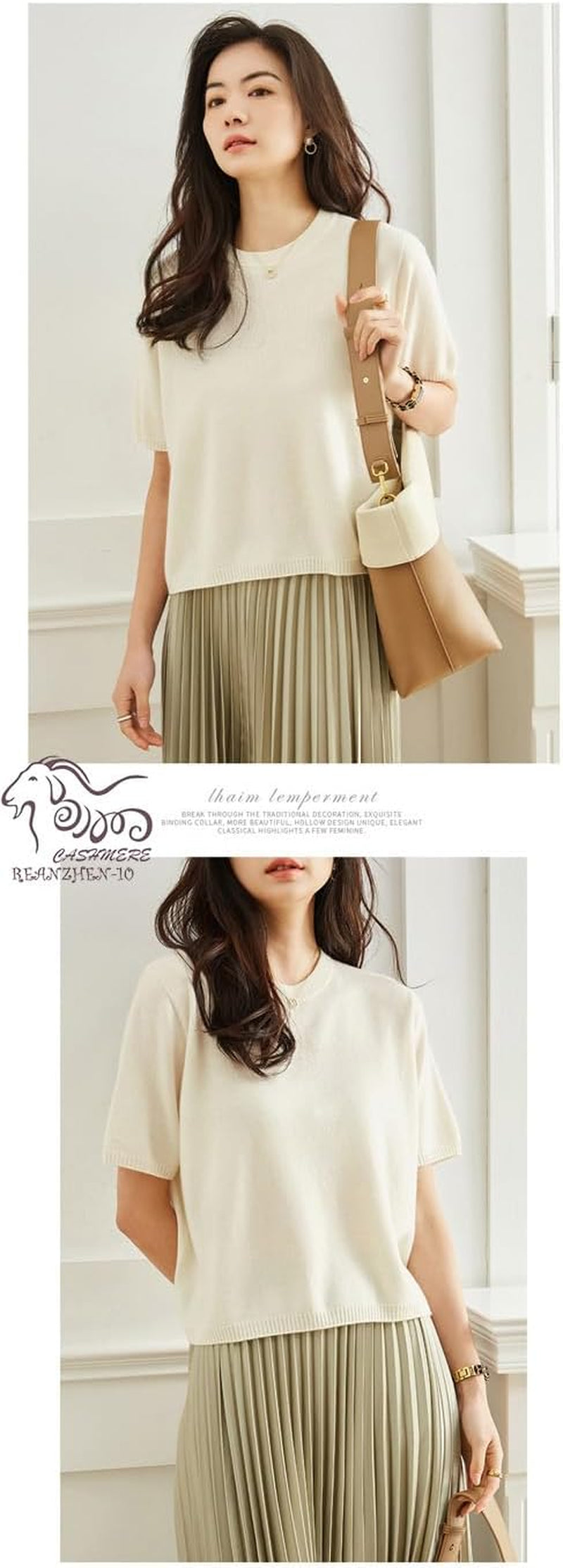 Cashmere Essential Polo Sweater 100% Pure Cashmere Short Sleeve Pullover for Women (White,Xl)