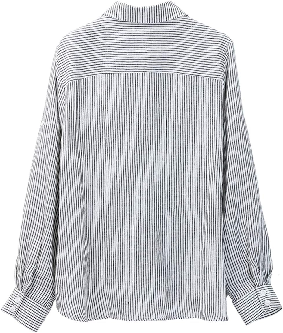 Women'S 100% Linen Button down Collar Shirt Casual Basic Roll-Up Sleeves Blouse Loose Tops Summer