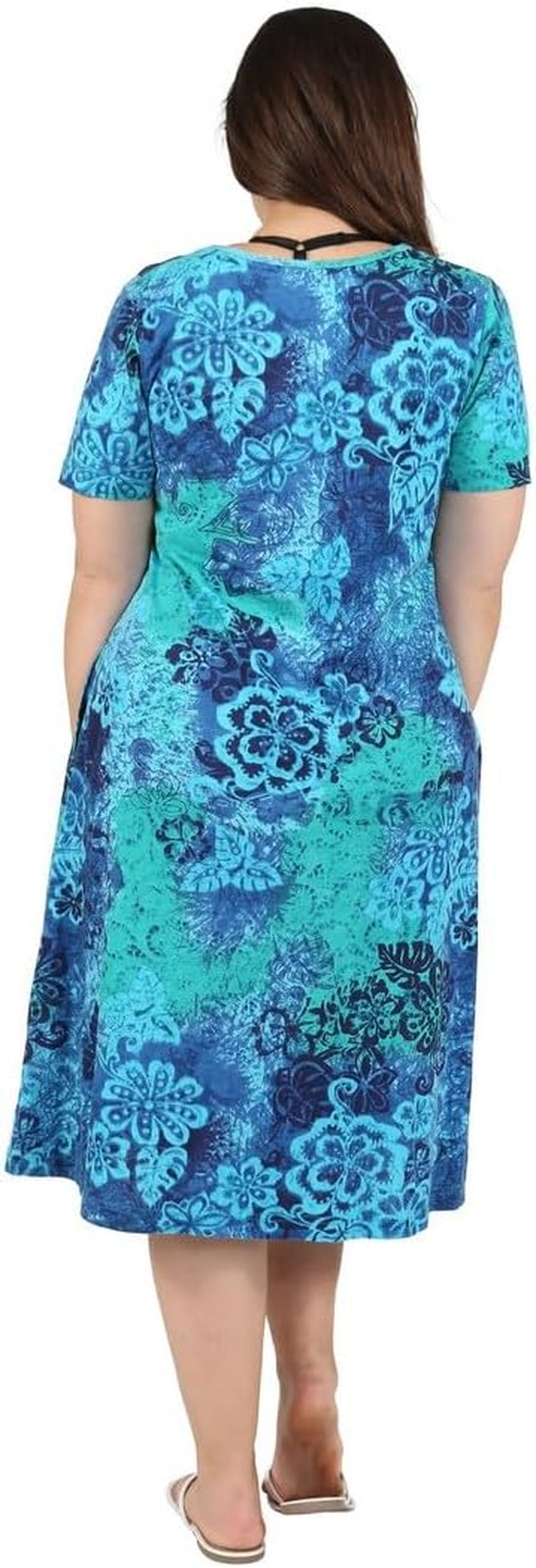 Women'S Cotton Sun Dresses A-Line with Scoop Neck, Short Sleeves, Side Pockets, Floral Patterns, Machine Wash