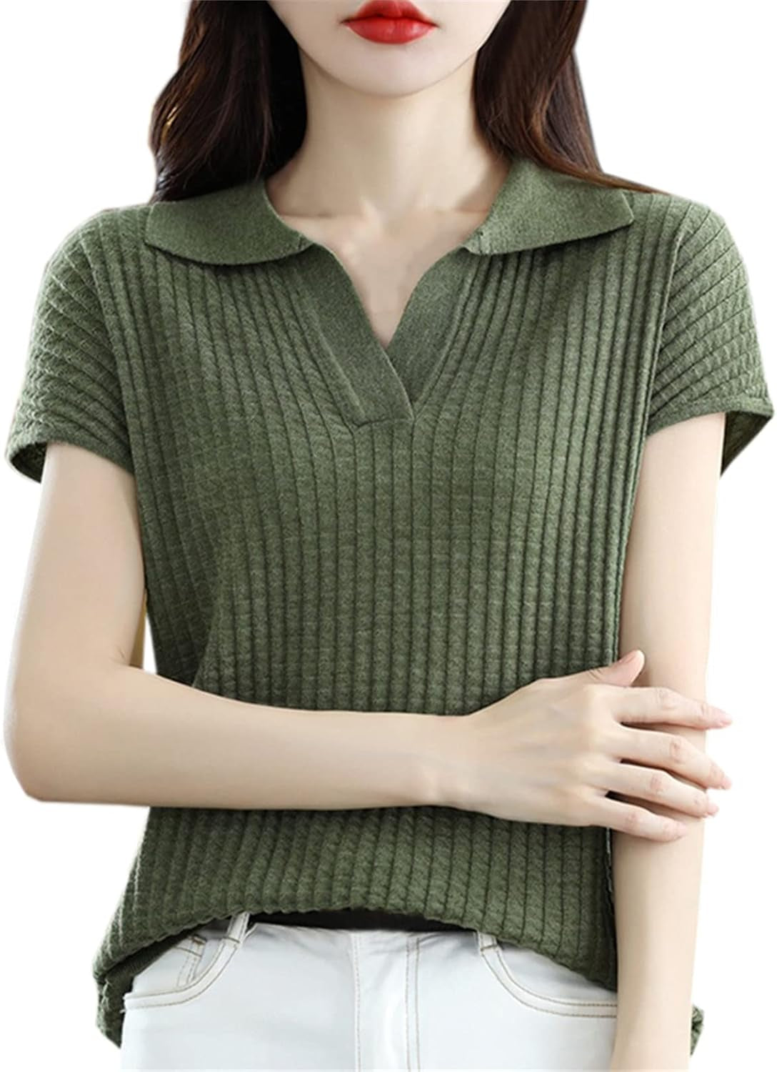 Women Lightweight Short Sleeve Polo Sweater