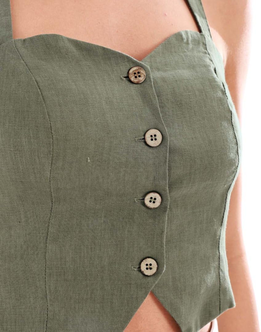 Women'S 100% Linen Button down Back Cross Crop Top Sleeveless Blouse