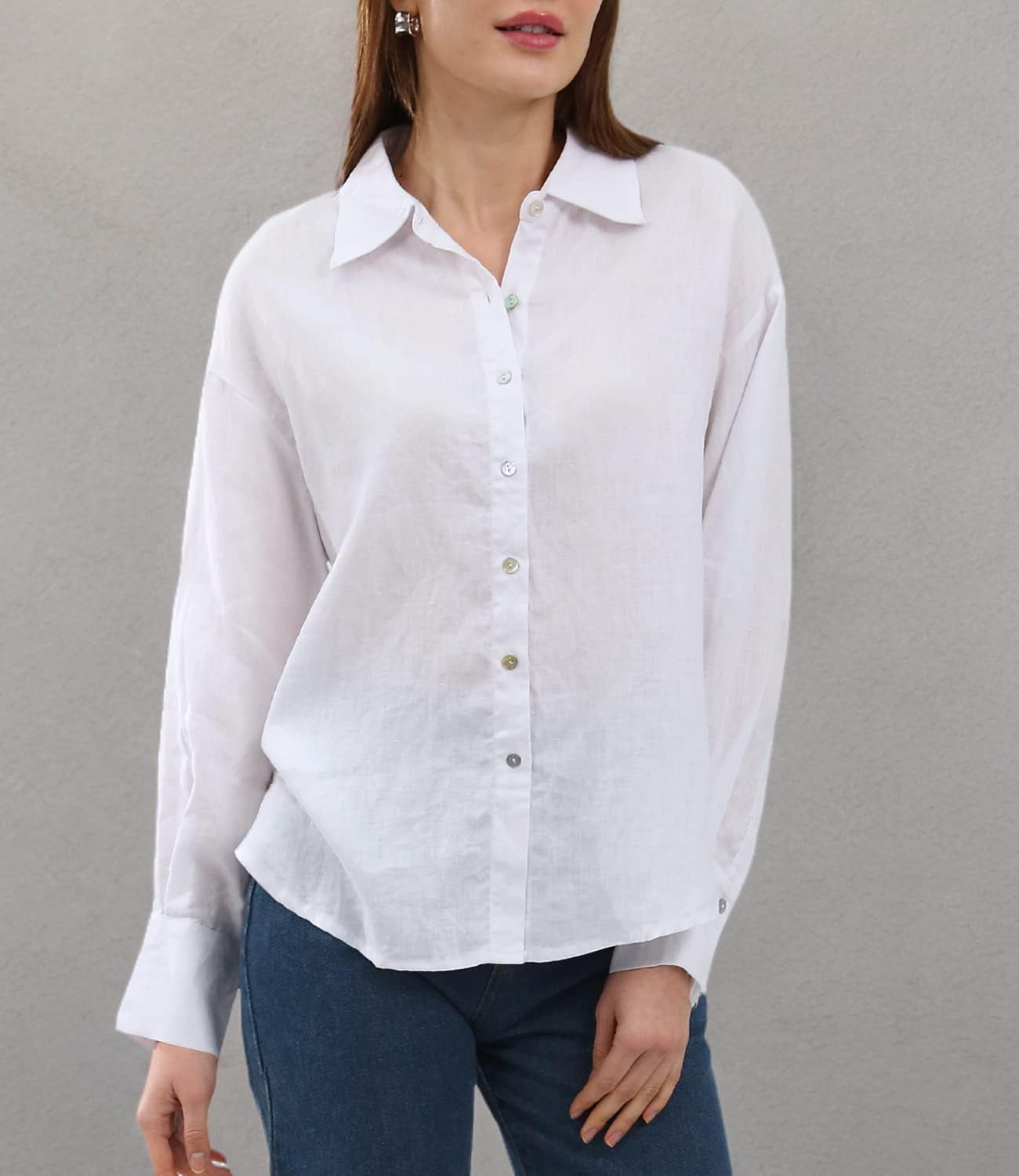 Womens Pure Linen Button down Shirt Long Sleeve Business Causal Collared Blouse