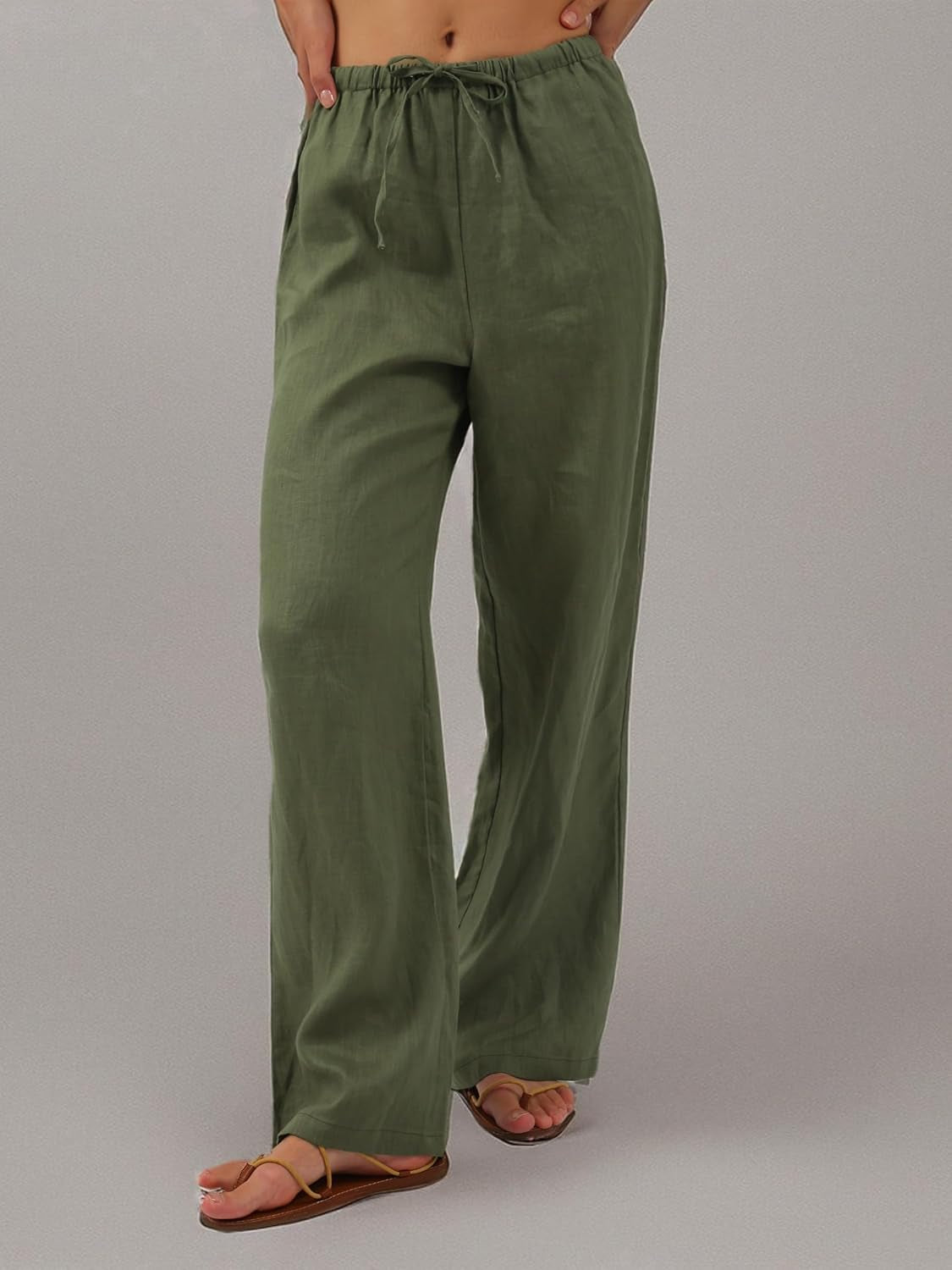 Womens Pure Linen Summer Drawstring Flowy Wide Leg Pants with Pockets