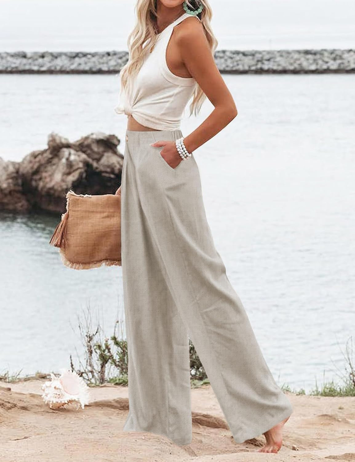 Womens Cotton Linen Pants Casual Button up High Waisted Wide Leg Trousers