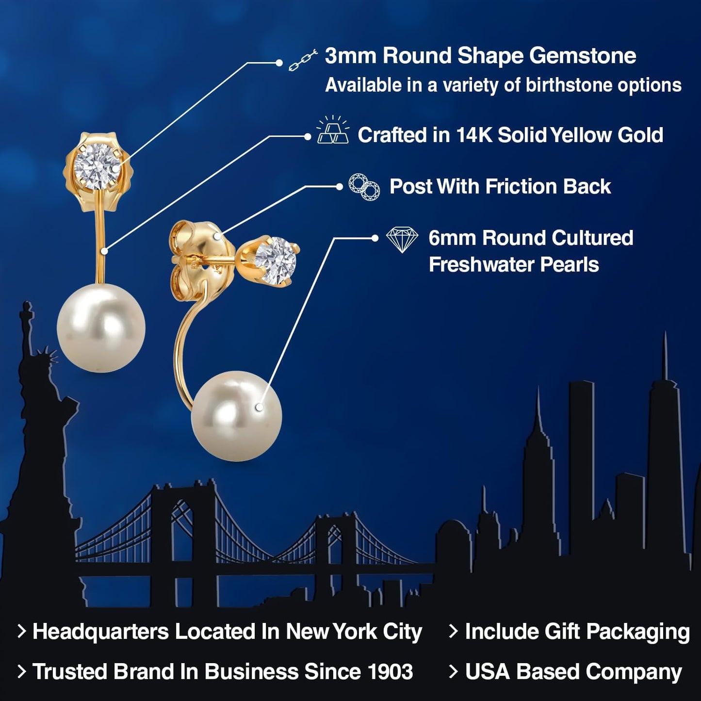 14K Yellow Gold Lab Grown Diamond Earrings for Women | 0.20 Cttw | Gemstone April Birthstone round 3MM | with Cultured Freshwater Pearls