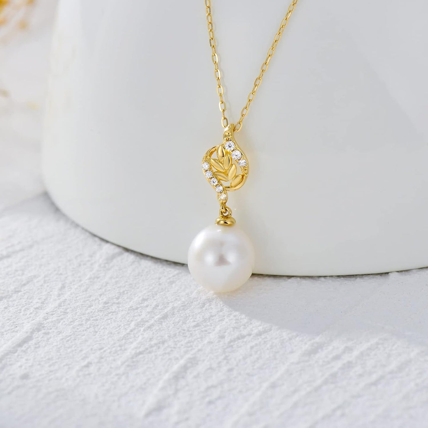 10K Gold Diamond Pearl Necklace and Dangle Earrings for Women, Fine Jewelry Set Gifts for Her