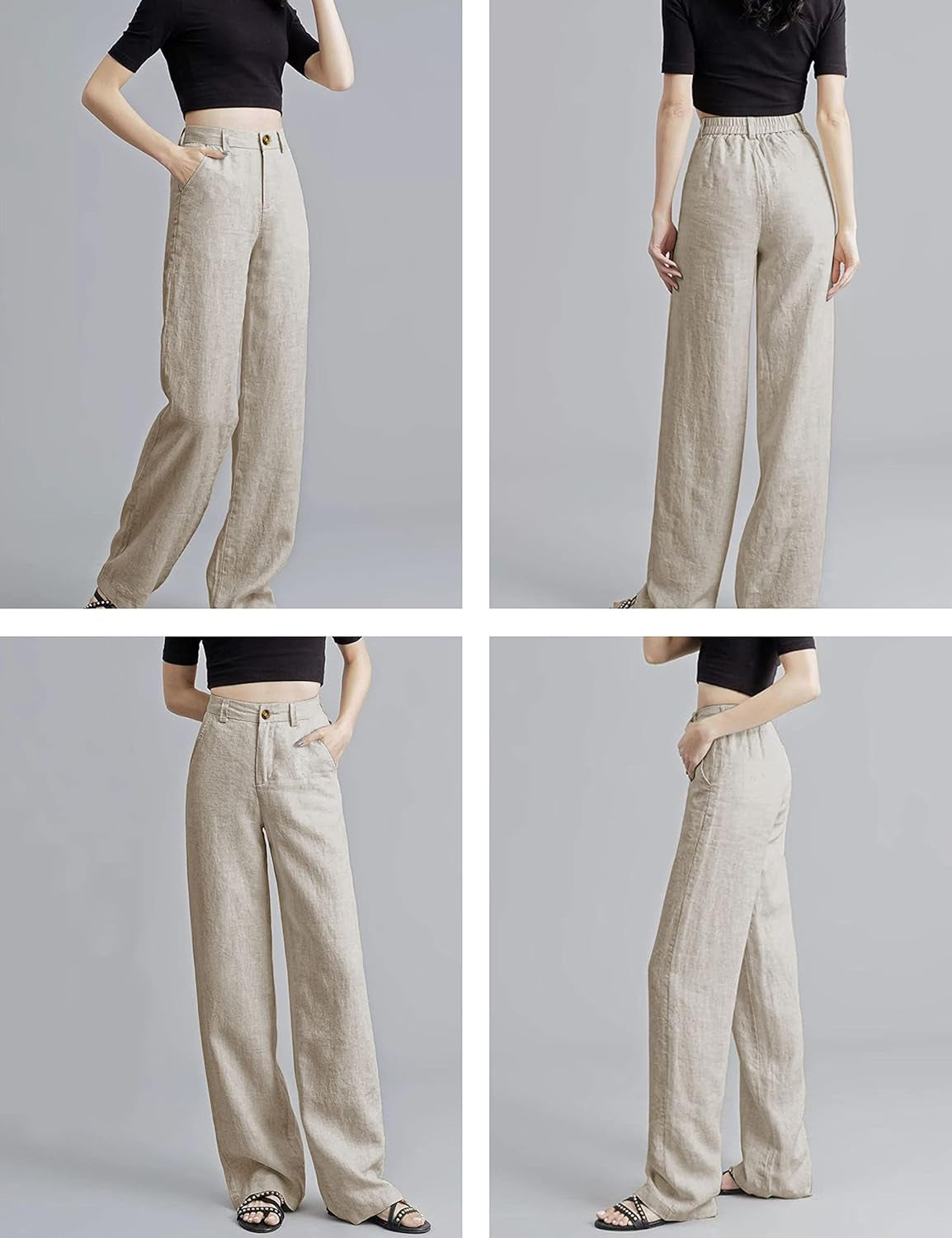 Womens Cotton Linen Pants Casual Button up High Waisted Wide Leg Trousers