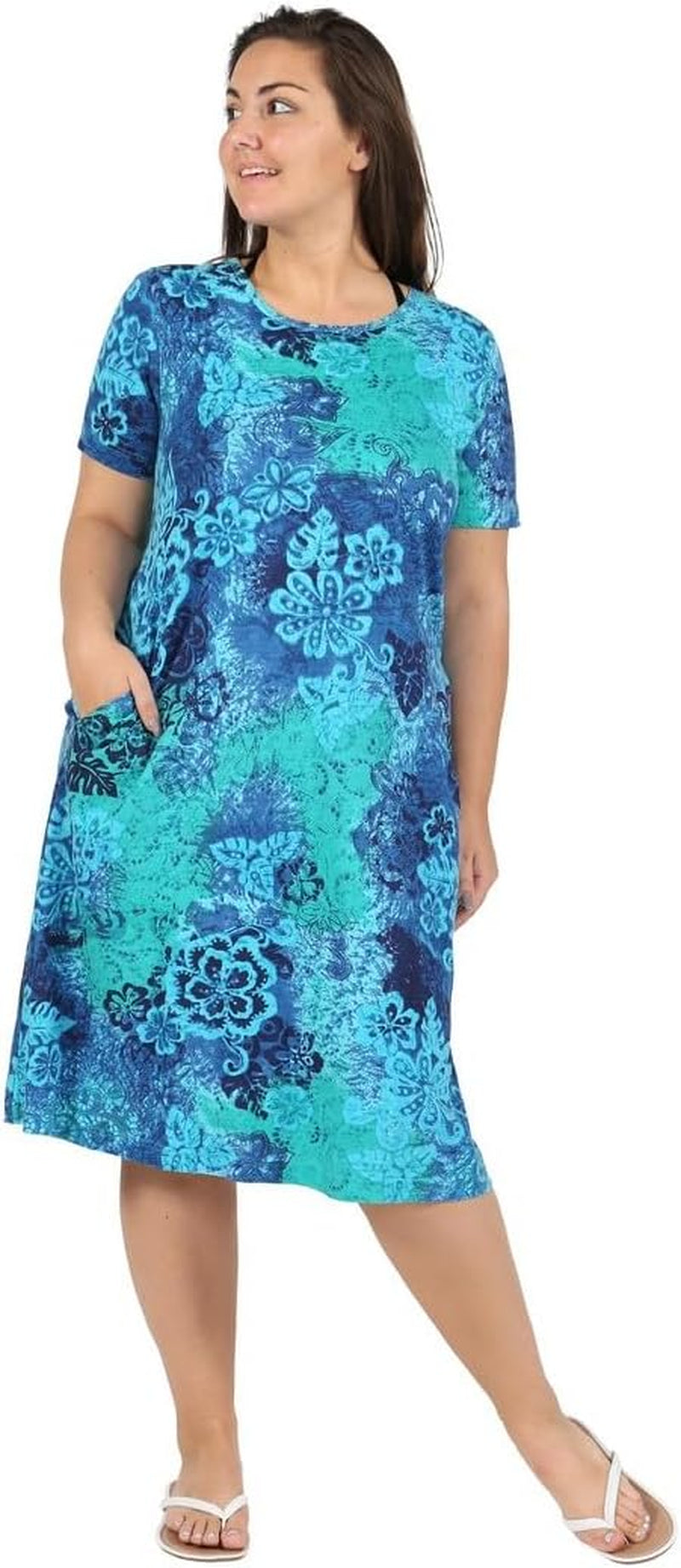 Women'S Cotton Sun Dresses A-Line with Scoop Neck, Short Sleeves, Side Pockets, Floral Patterns, Machine Wash