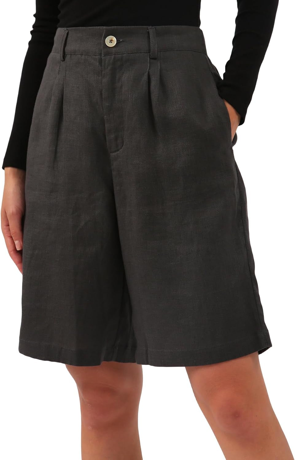 Womens Pure Linen High Waisted Bermuda Lounge Shorts Casual Summer