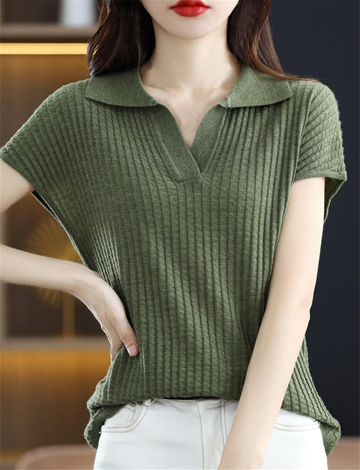 Women Lightweight Short Sleeve Polo Sweater