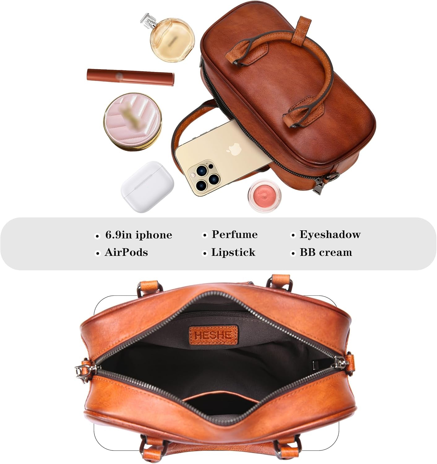 Leather Shoulder Bags for Women Satchel Handbags Zipper Crossbody Purse Top Handle Barrel Purse with Adjustable Strap