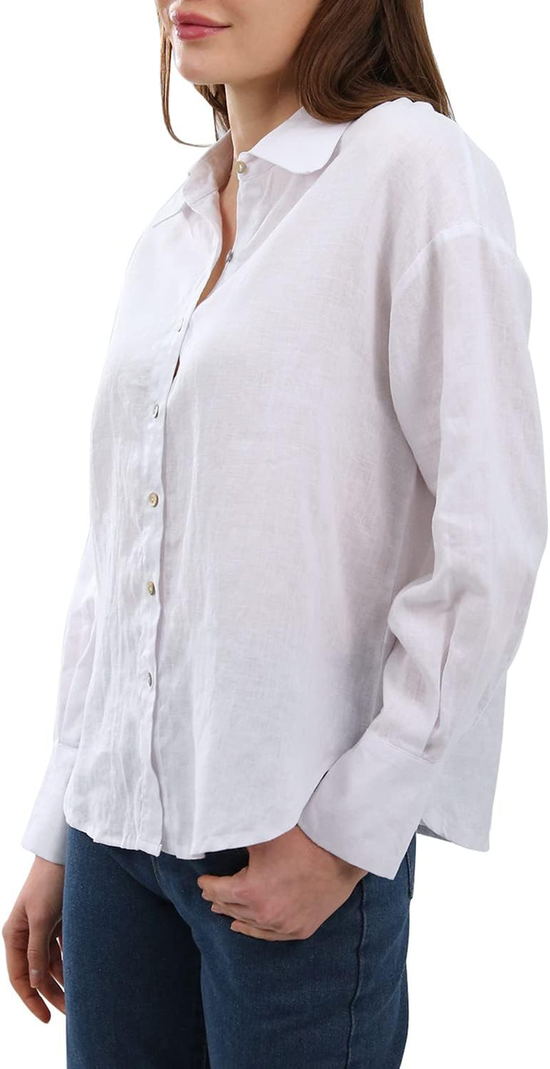 Womens Pure Linen Button down Shirt Long Sleeve Business Causal Collared Blouse