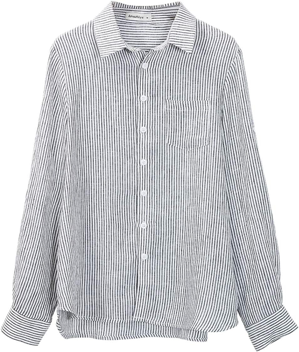 Women'S 100% Linen Button down Collar Shirt Casual Basic Roll-Up Sleeves Blouse Loose Tops Summer
