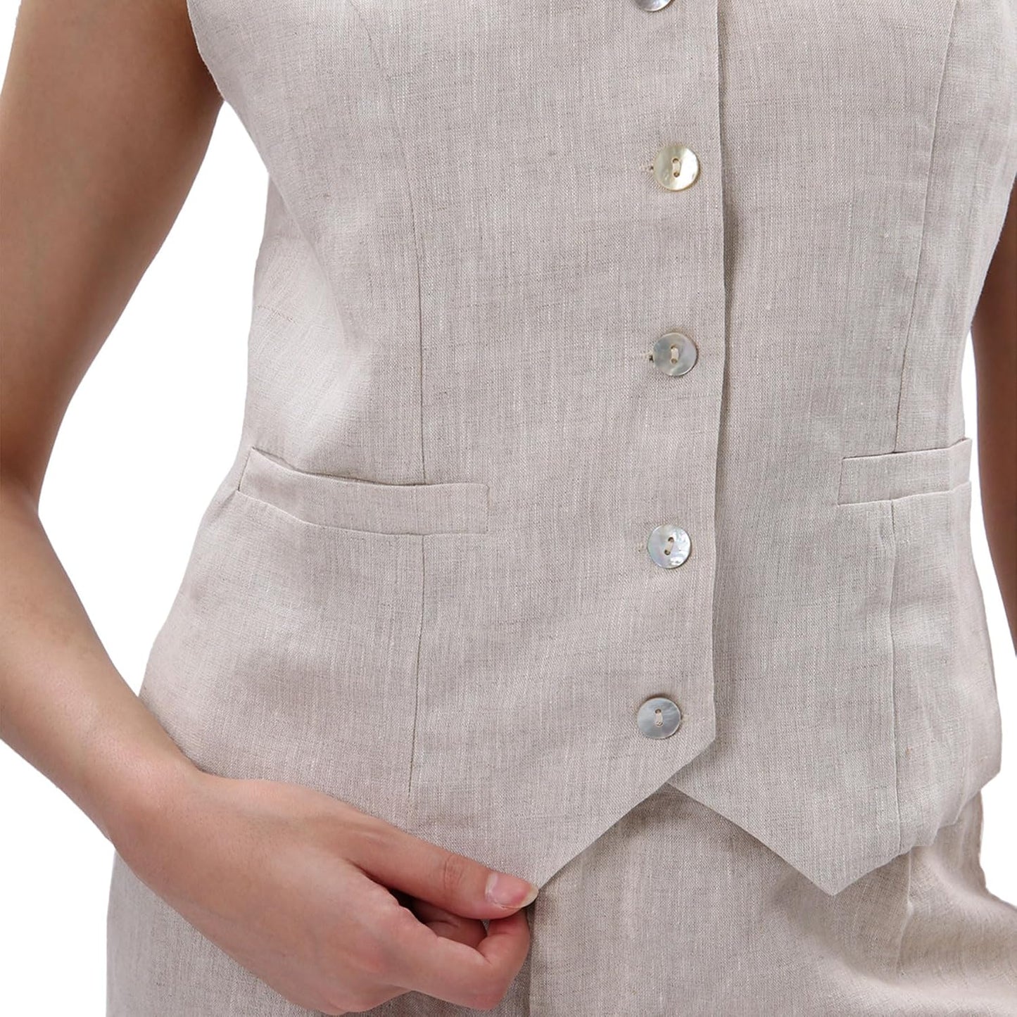 Women'S 100% Linen Sleeveless Button down Crop Top Tie Back Waistcoat Vest