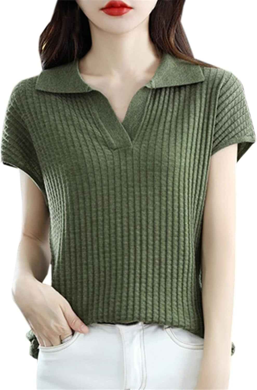 Women Lightweight Short Sleeve Polo Sweater