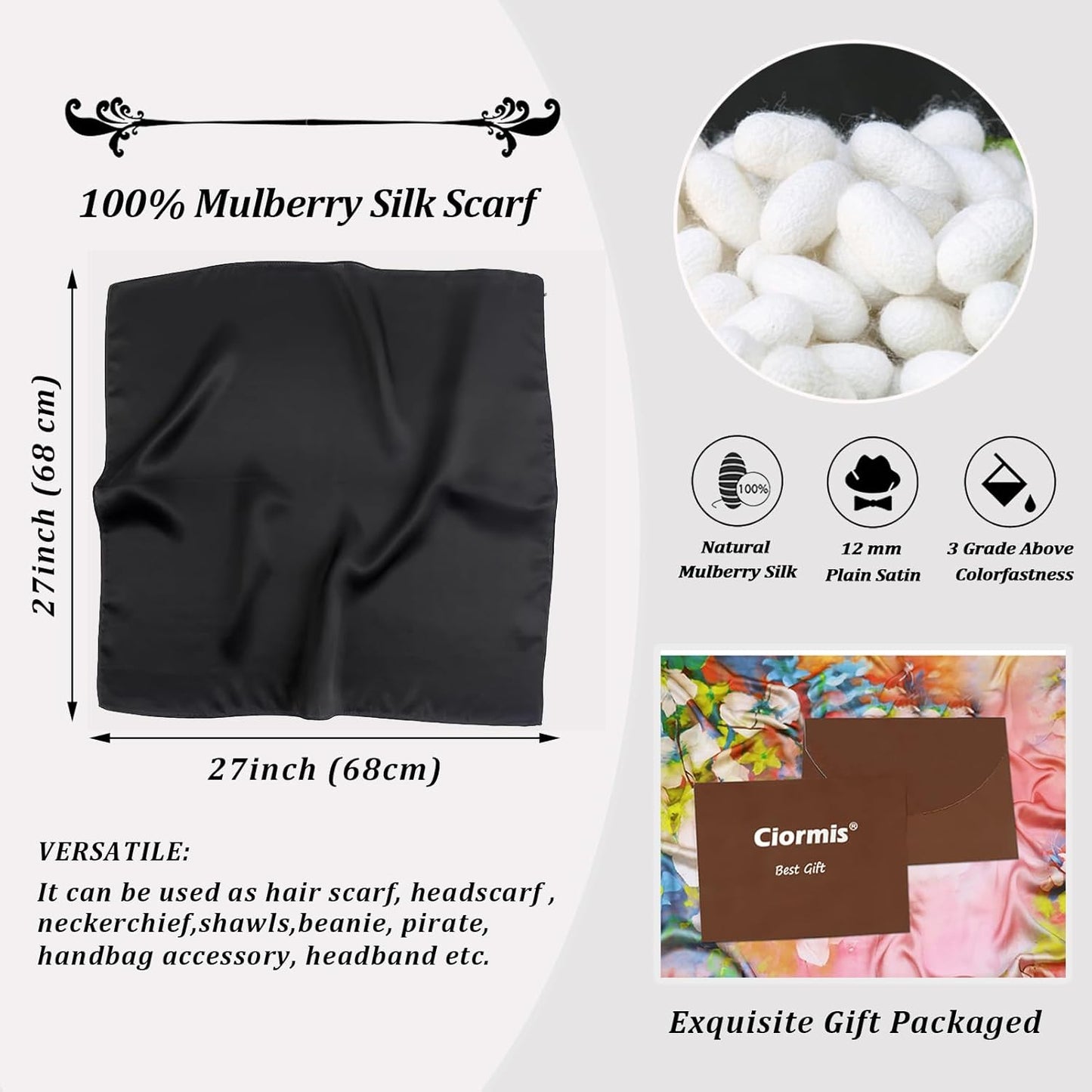 100% Mulberry Silk Scarf-Women'S 21''/27''Square Silk Hair Head Scarf Neckerchief with Gift Packaged