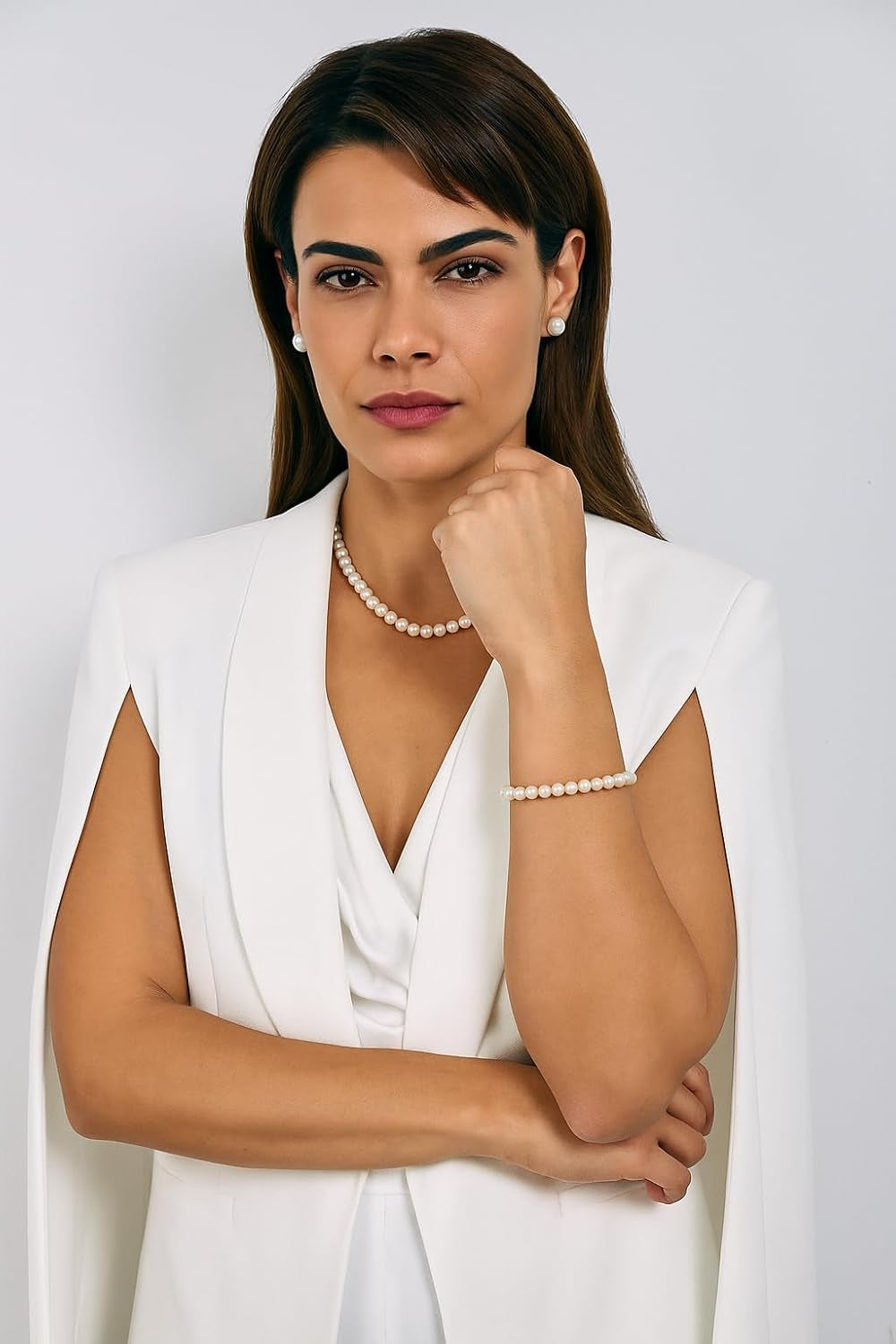 14K Gold Freshwater Pearl 18" Necklace Bracelet Stud Earrings Set for Women | Jewelry for Her | Gift Box Included