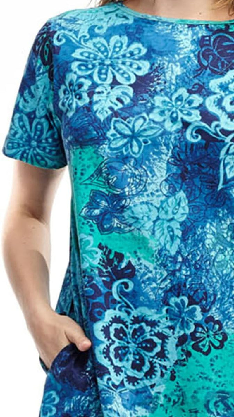 Women'S Cotton Sun Dresses A-Line with Scoop Neck, Short Sleeves, Side Pockets, Floral Patterns, Machine Wash