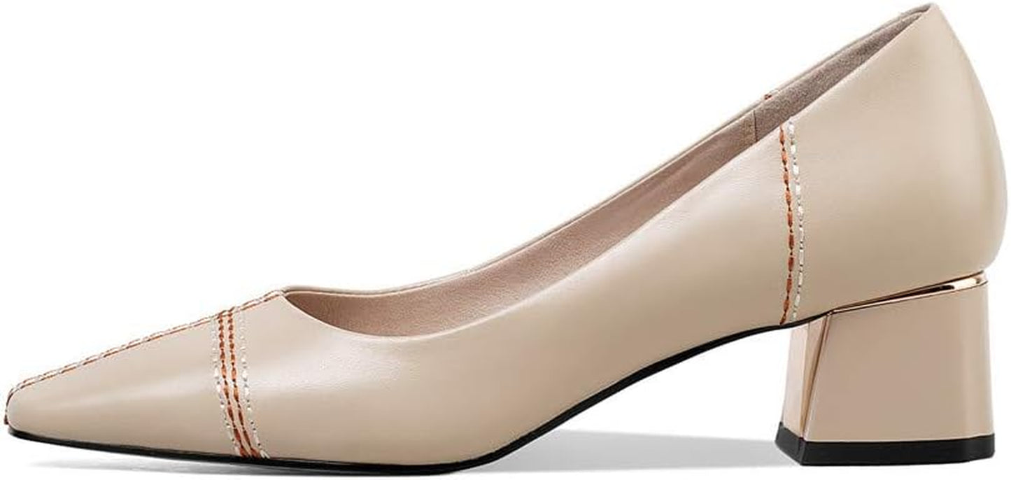 Women'S Genuine Leather Square Toe Handmade Comfort Low Chunky Heels Loafters