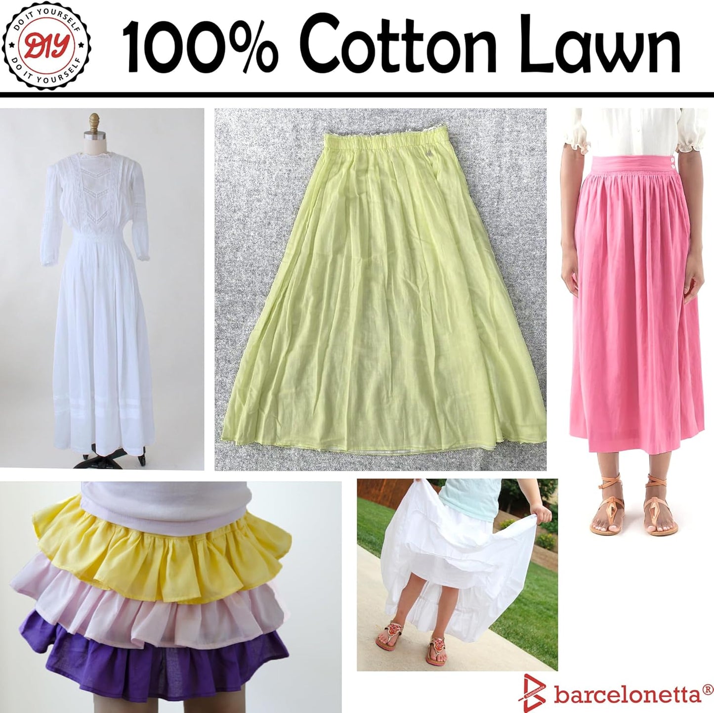 | Cotton Lawn Fabric | Lining Fabric | 100% Cotton | Thin | 58" Wide | Sewing, Air Feel Layer | Cloth, Solid (White, 2 Yard)