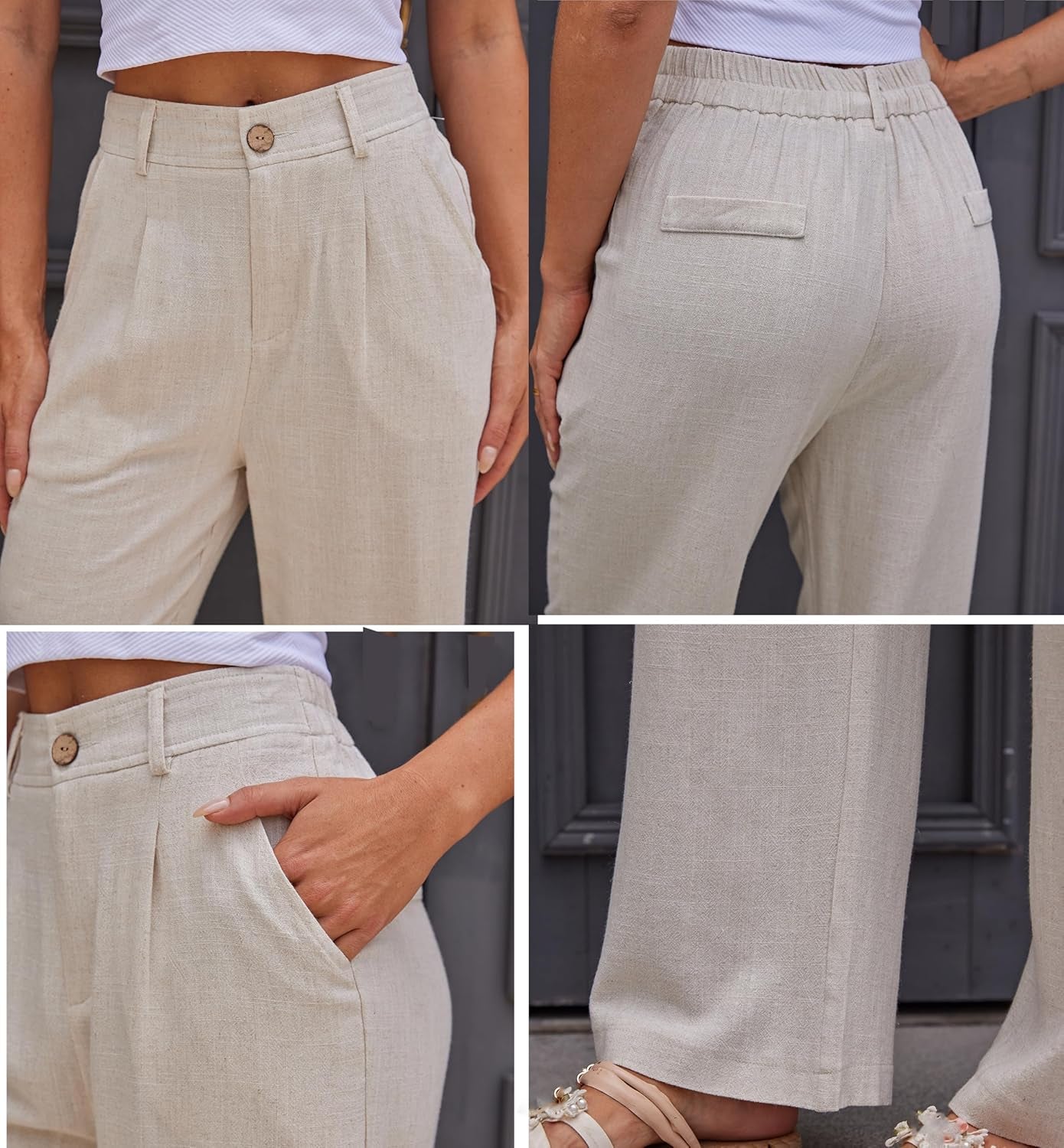 Women'S Linen Casual High Waist Wide Leg Straight Dress Cotton Linen Pants Button Trousers