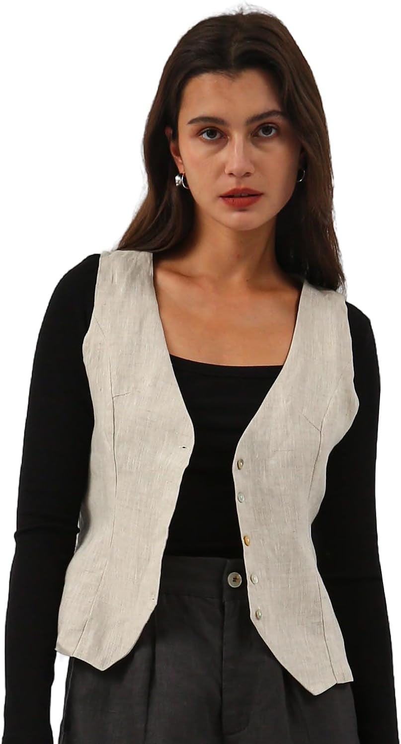 Womens Pure Linen Sleeveless Button down Crop Top V Neck Waistcoat Vest