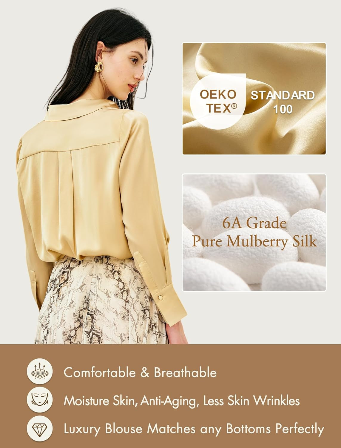 Silk Blouses for Women Long Sleeve Women’S 100% Pure Silk Blouses Elegant Button down Shirt Smooth Tops Cool Shirts