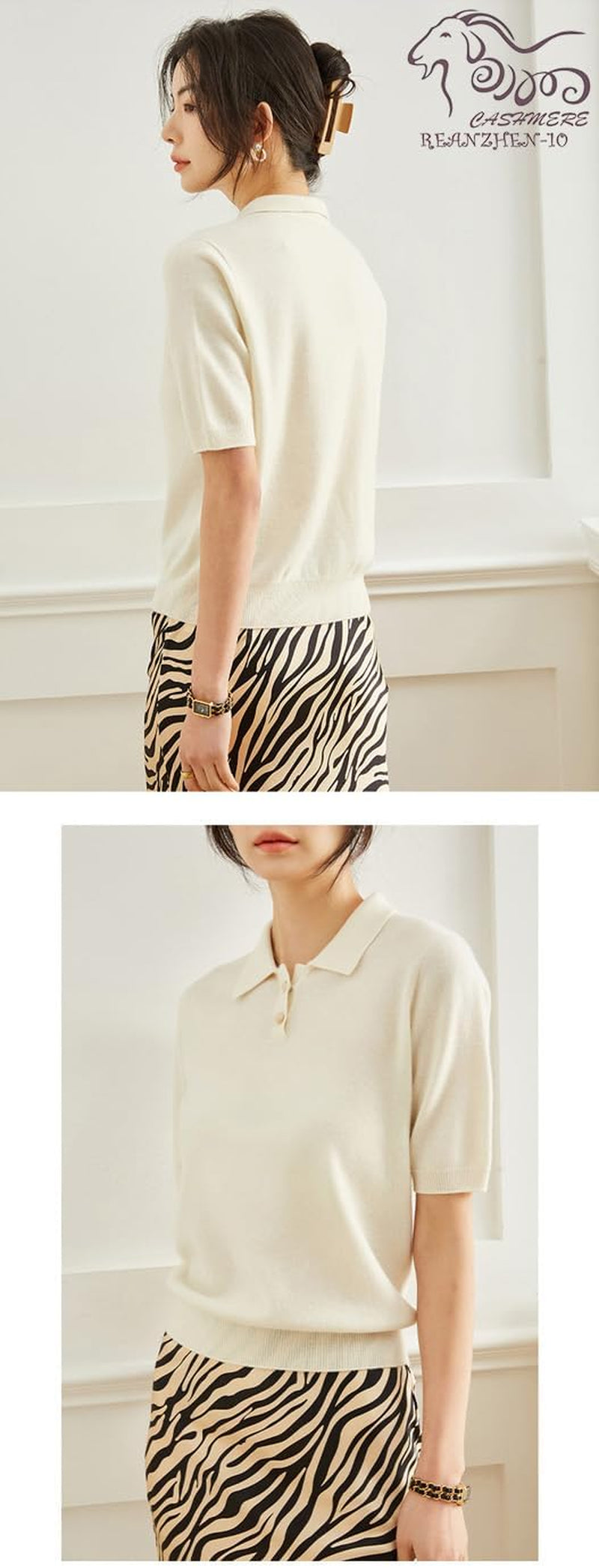 Cashmere Essential Polo Sweater 100% Pure Cashmere Short Sleeve Pullover for Women (White,Xl)