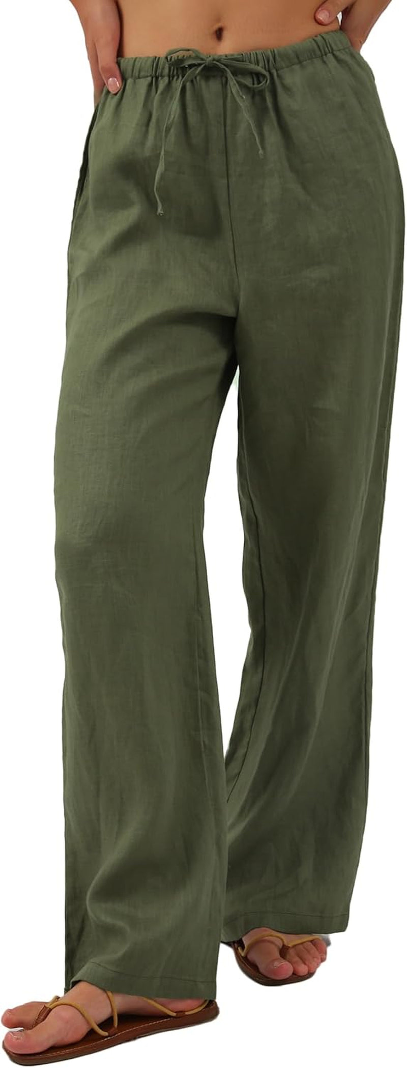 Womens Pure Linen Summer Drawstring Flowy Wide Leg Pants with Pockets