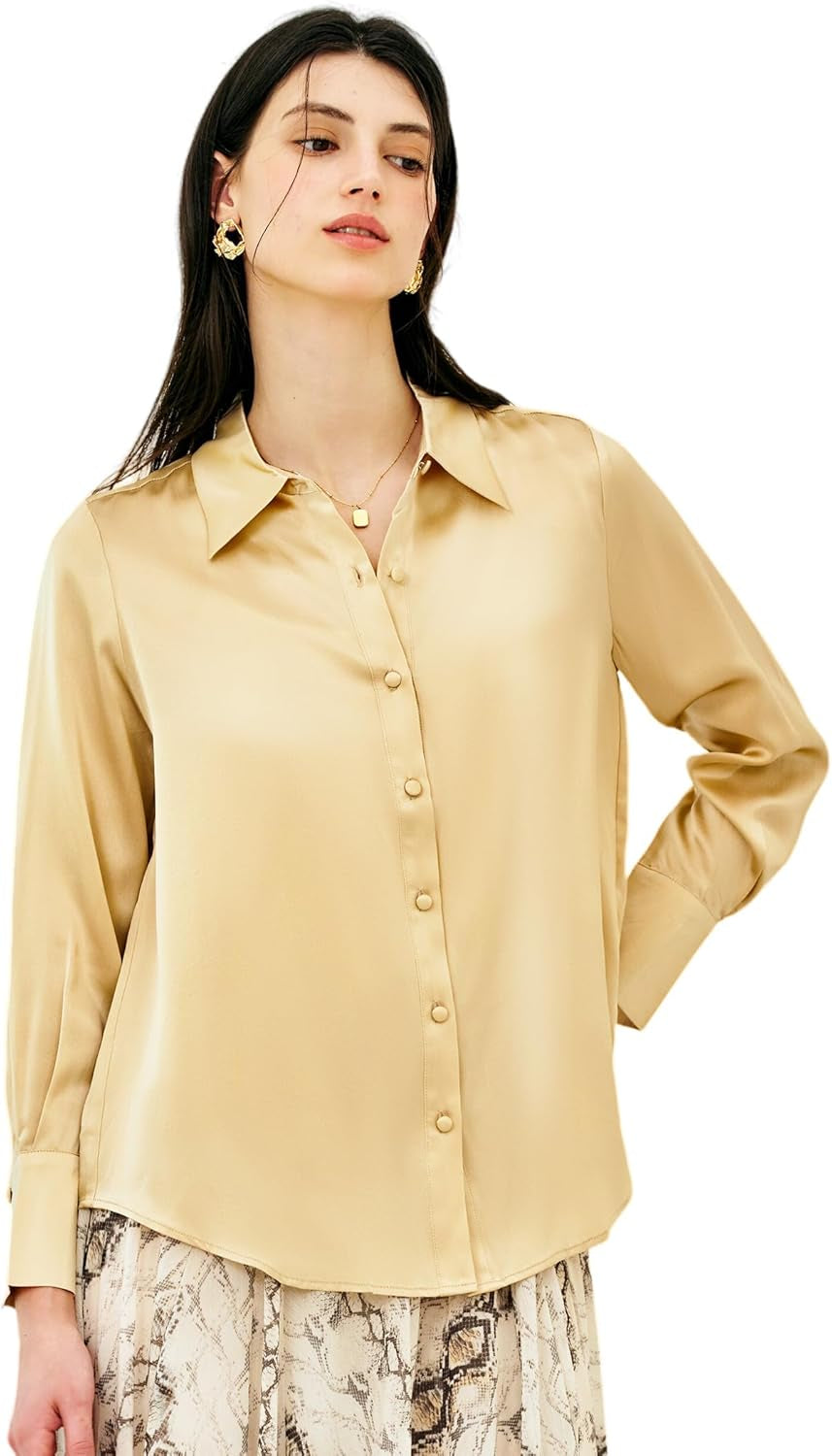 Silk Blouses for Women Long Sleeve Women’S 100% Pure Silk Blouses Elegant Button down Shirt Smooth Tops Cool Shirts