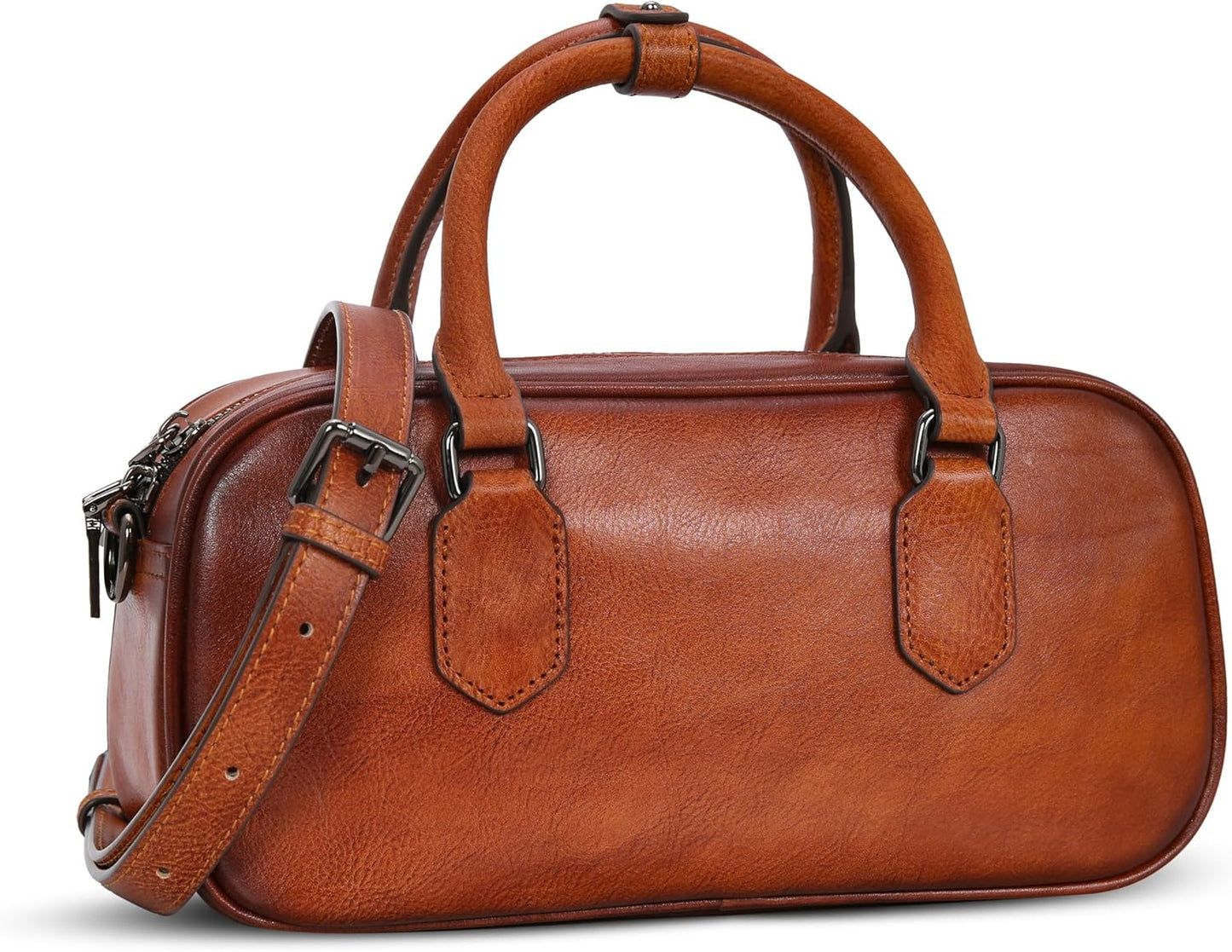 Leather Shoulder Bags for Women Satchel Handbags Zipper Crossbody Purse Top Handle Barrel Purse with Adjustable Strap
