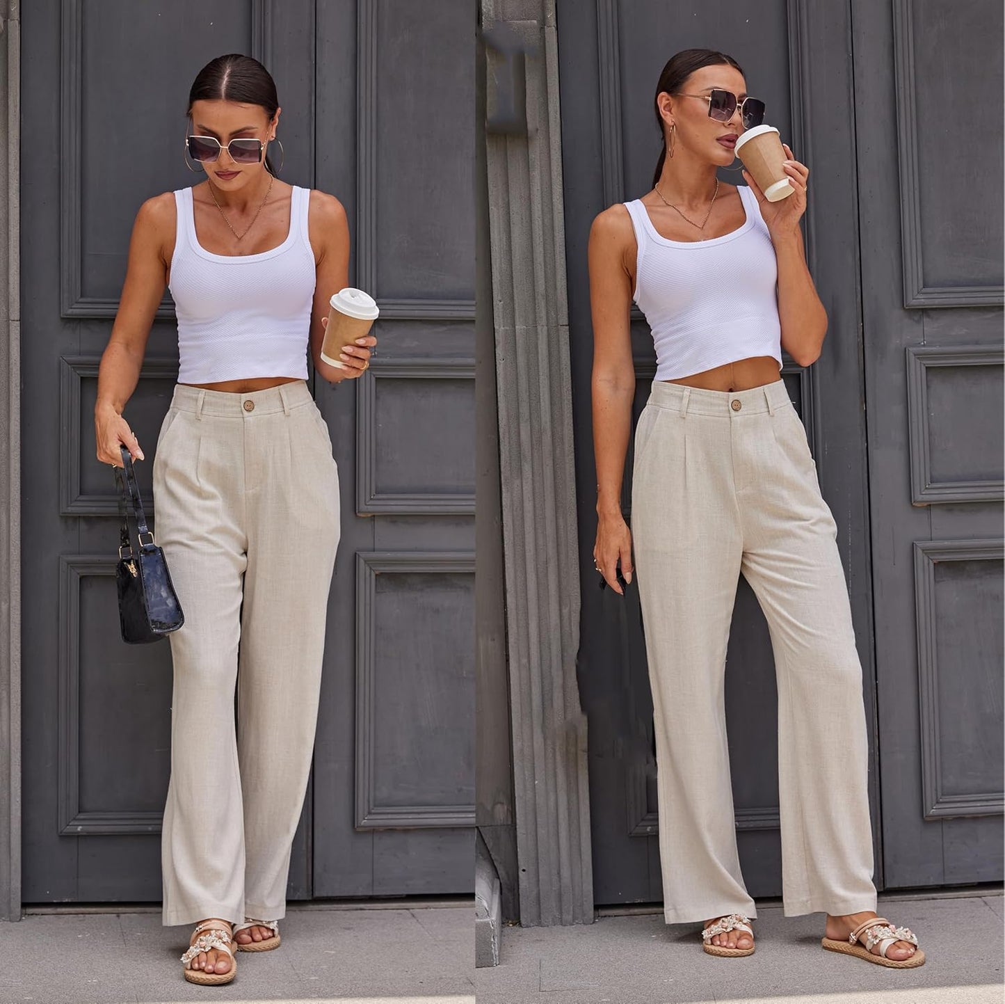 Women'S Linen Casual High Waist Wide Leg Straight Dress Cotton Linen Pants Button Trousers