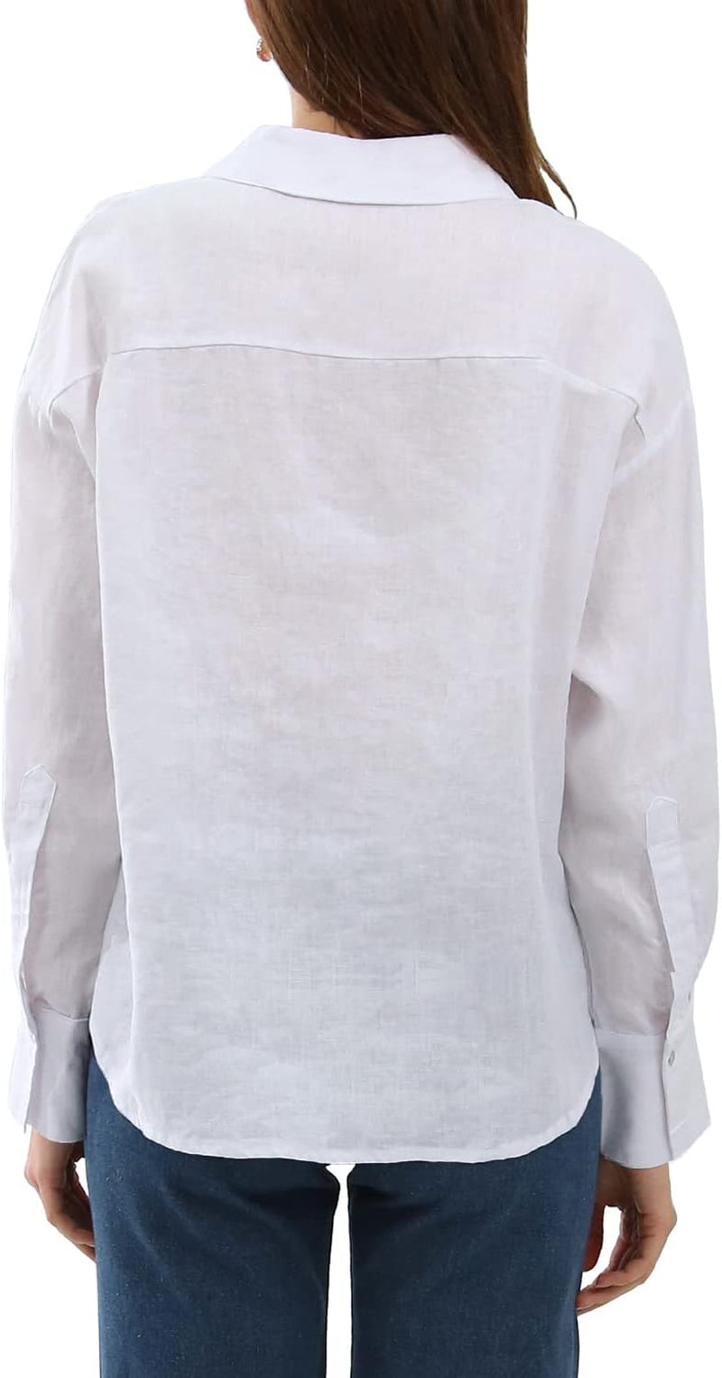 Womens Pure Linen Button down Shirt Long Sleeve Business Causal Collared Blouse