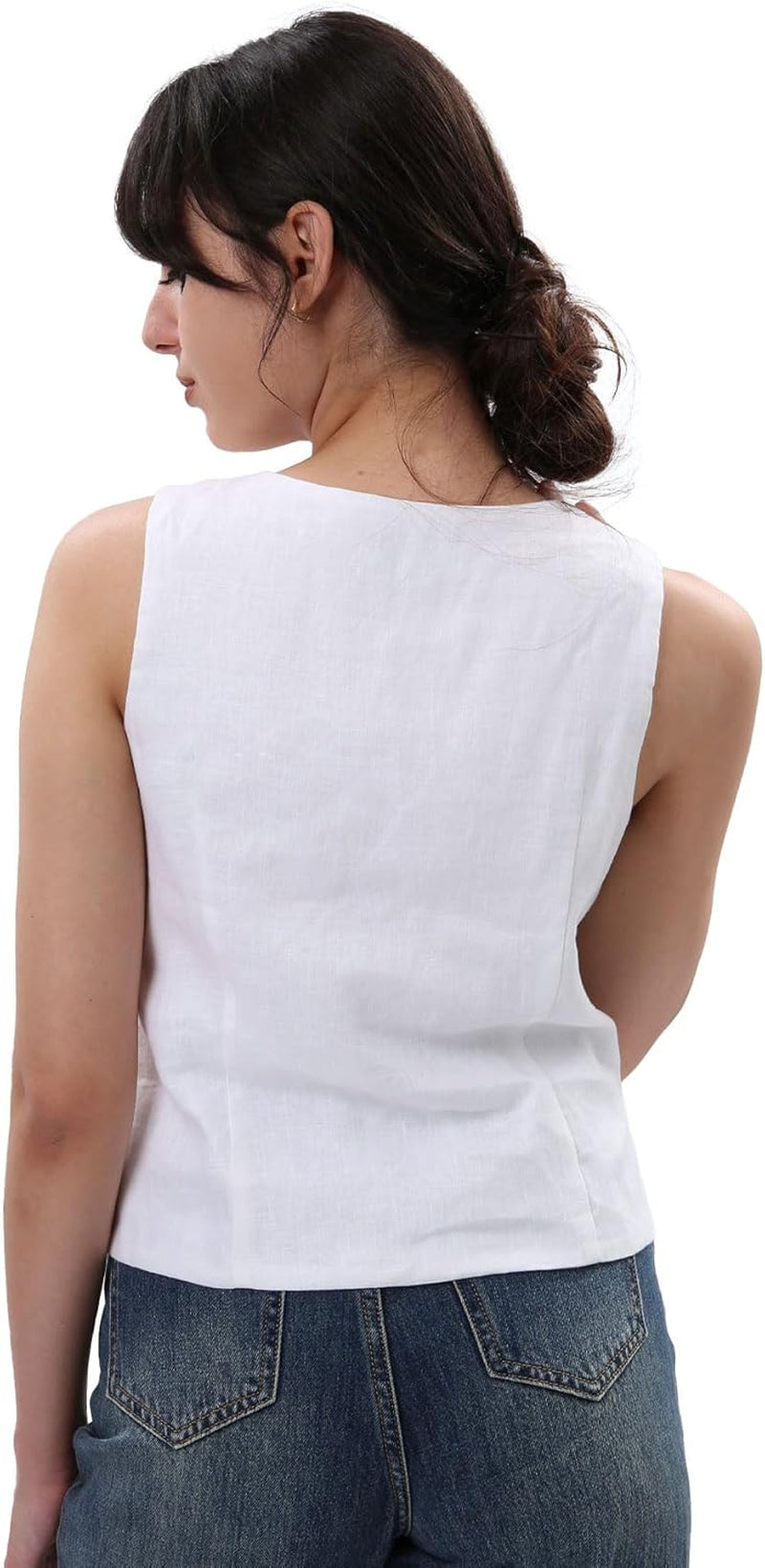 Women'S 100% Linen Tie Front Crop Tops Sleeveless Summer Casual Vest