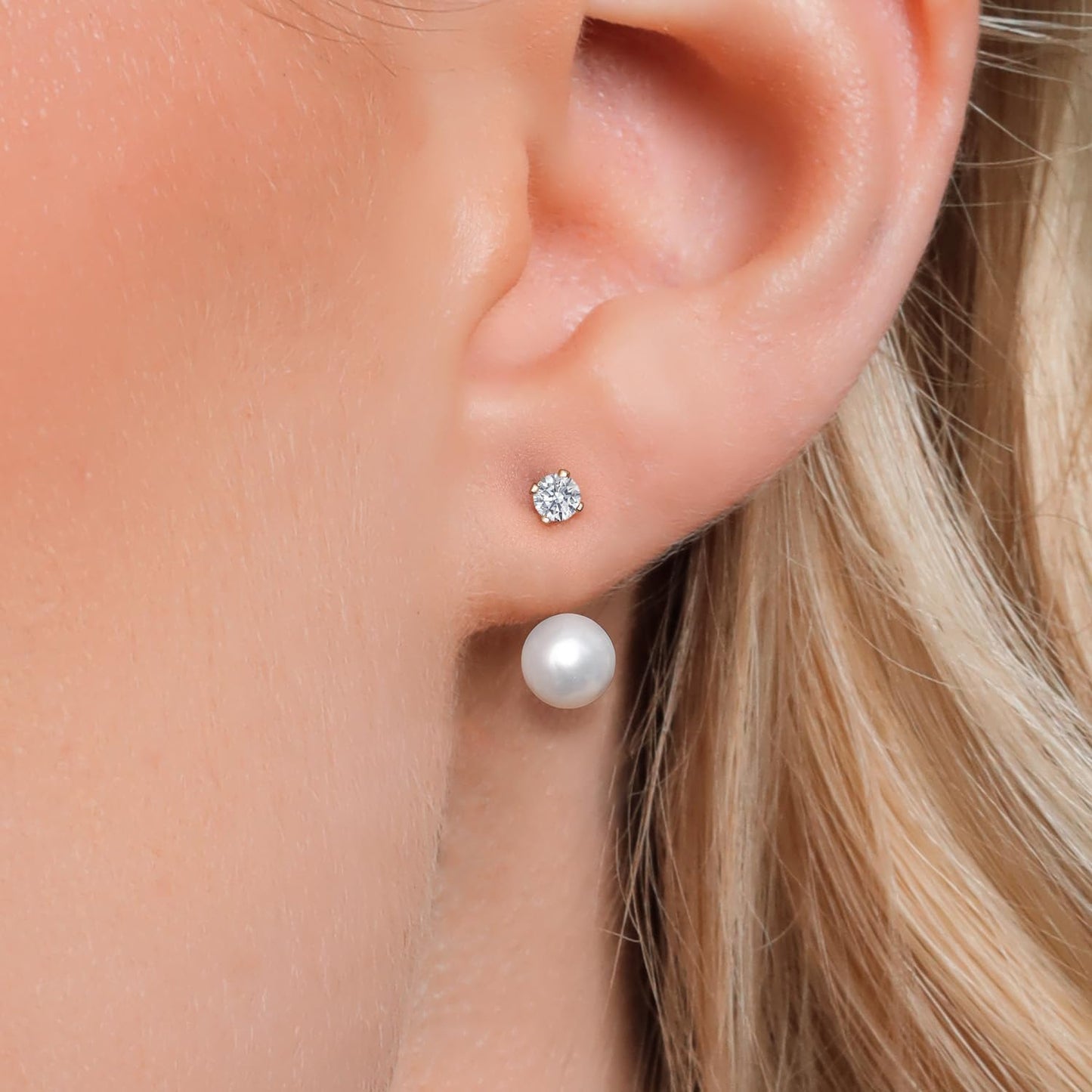 14K Yellow Gold Lab Grown Diamond Earrings for Women | 0.20 Cttw | Gemstone April Birthstone round 3MM | with Cultured Freshwater Pearls