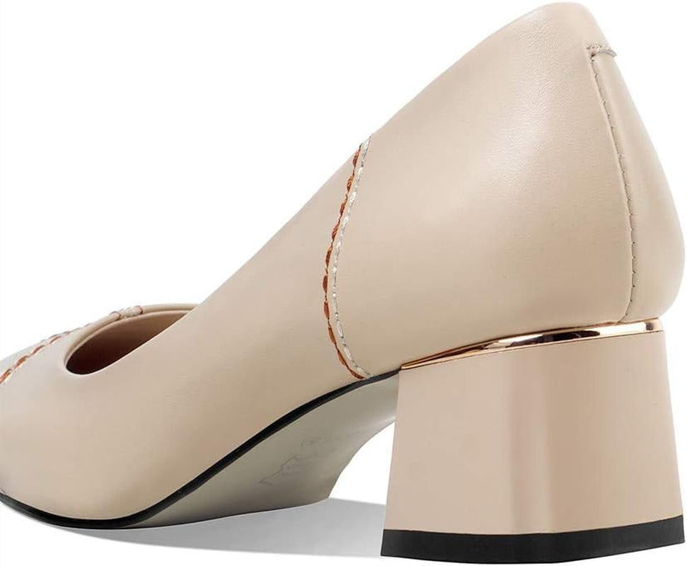 Women'S Genuine Leather Square Toe Handmade Comfort Low Chunky Heels Loafters