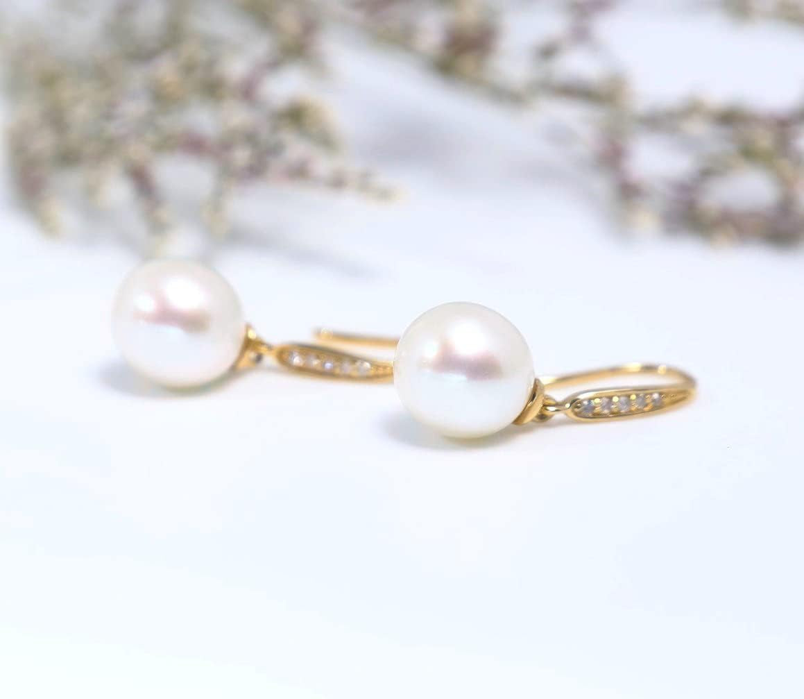 10K Gold Diamond Pearl Necklace and Dangle Earrings for Women, Fine Jewelry Set Gifts for Her
